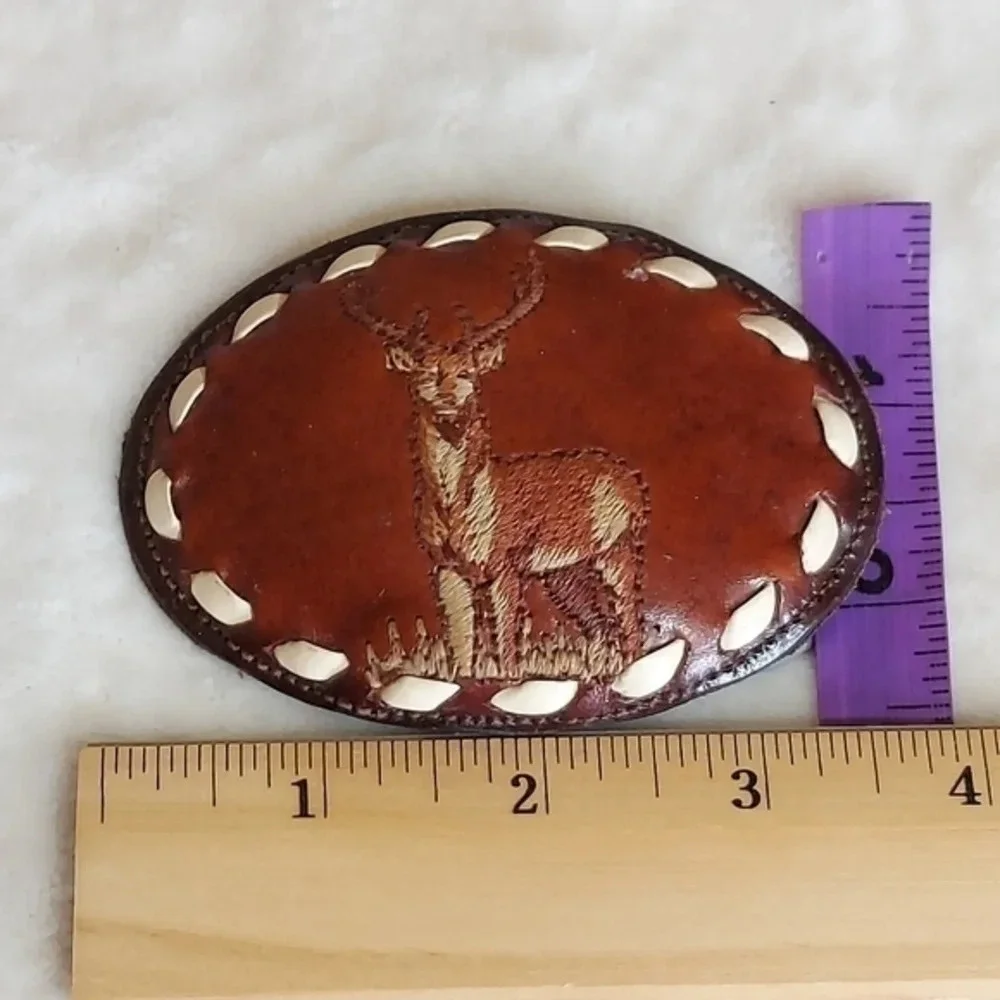 Vintage Nocona Brown Leather‎ Oval Belt Buckle with Embroidered Buck